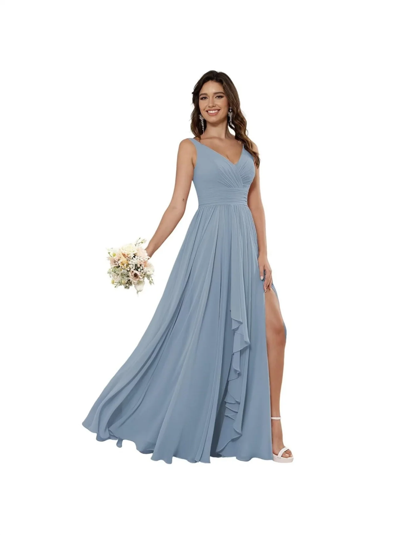 A-Line/Princess Chiffon V Neck Sleeveless Floor-Length Bridesmaid Dresses - Image 9