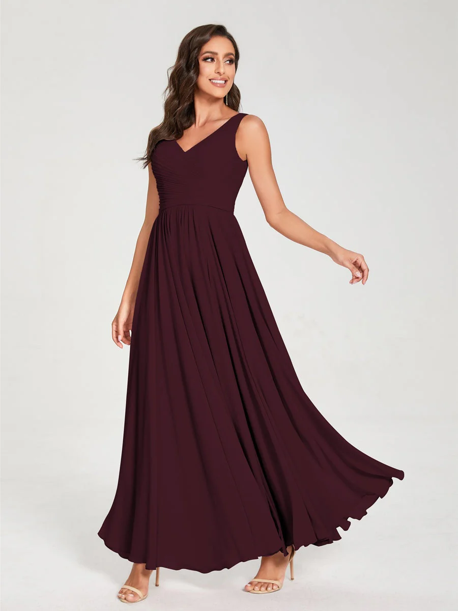 A-Line/Princess Chiffon V-Neck Sleeveless Floor-Length Bridemaid Dresses With Pleats - Image 13