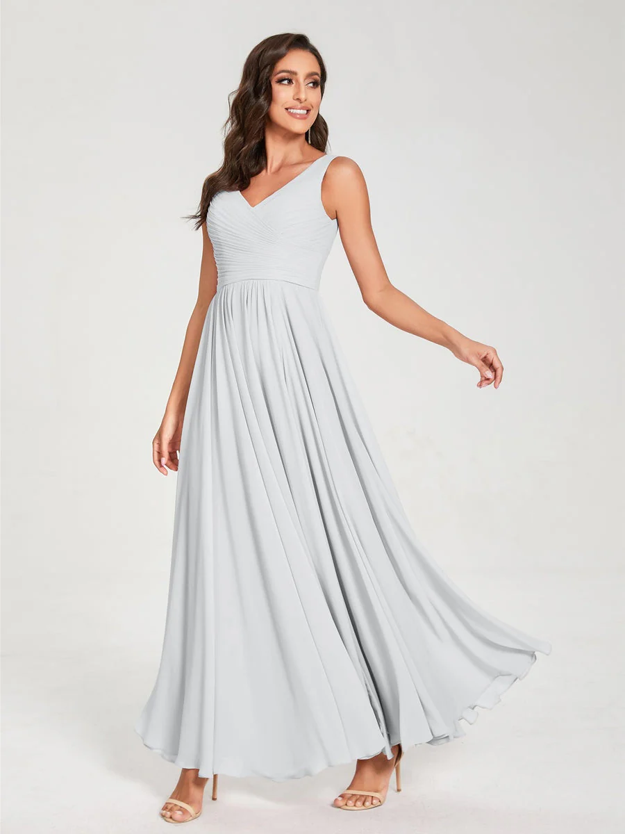 A-Line/Princess Chiffon V-Neck Sleeveless Floor-Length Bridemaid Dresses With Pleats - Image 20