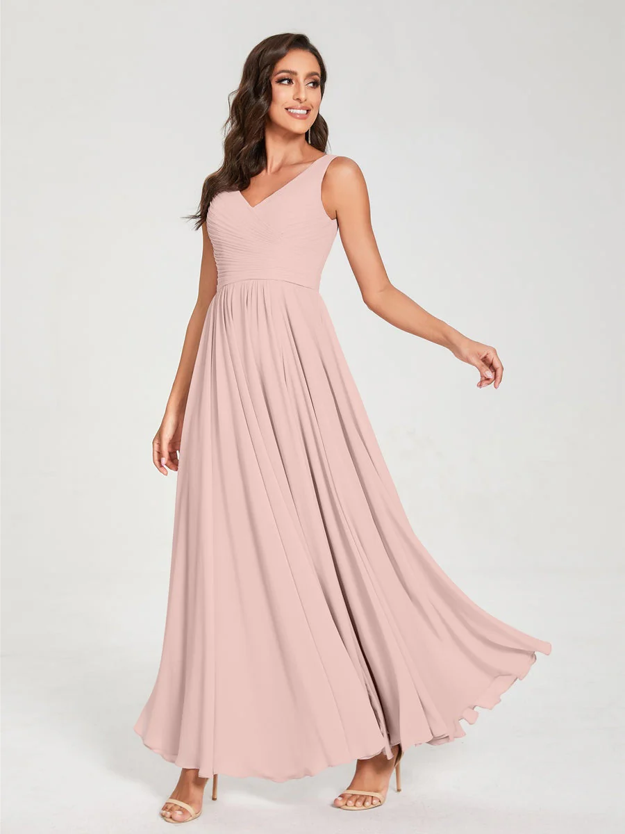 A-Line/Princess Chiffon V-Neck Sleeveless Floor-Length Bridemaid Dresses With Pleats - Image 27