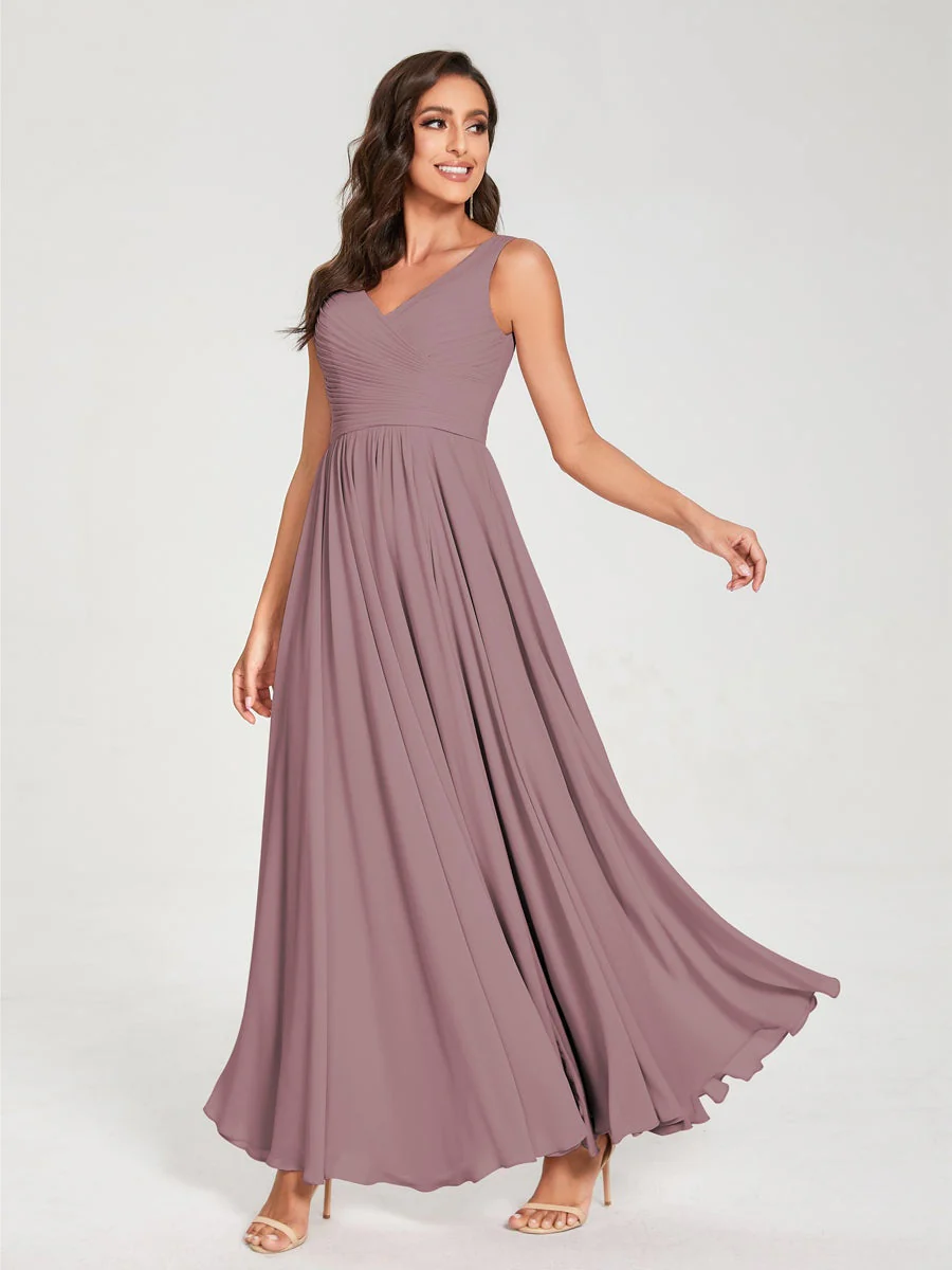 A-Line/Princess Chiffon V-Neck Sleeveless Floor-Length Bridemaid Dresses With Pleats - Image 32