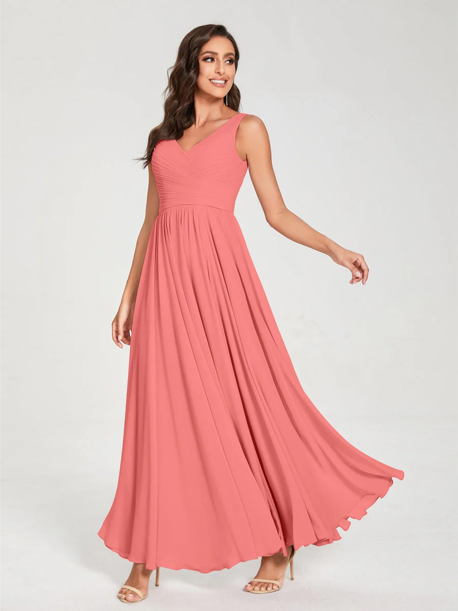 A-Line/Princess Chiffon V-Neck Sleeveless Floor-Length Bridemaid Dresses With Pleats - Image 33