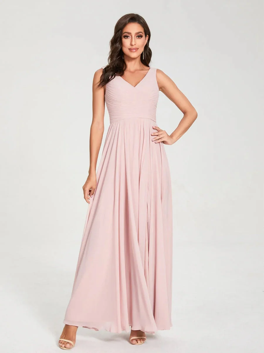 A-Line/Princess Chiffon V-Neck Sleeveless Floor-Length Bridemaid Dresses With Pleats - Image 4