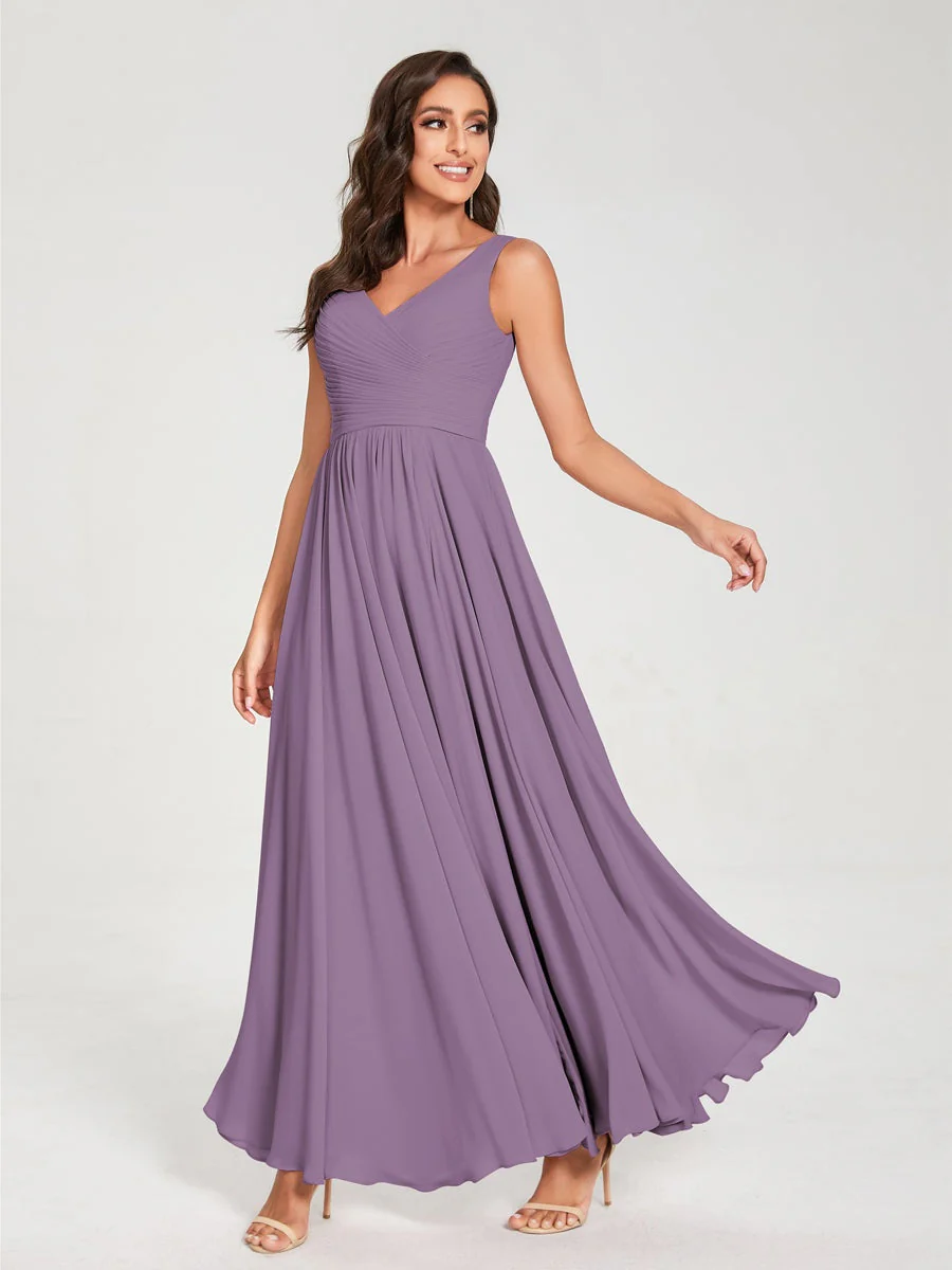 A-Line/Princess Chiffon V-Neck Sleeveless Floor-Length Bridemaid Dresses With Pleats - Image 41