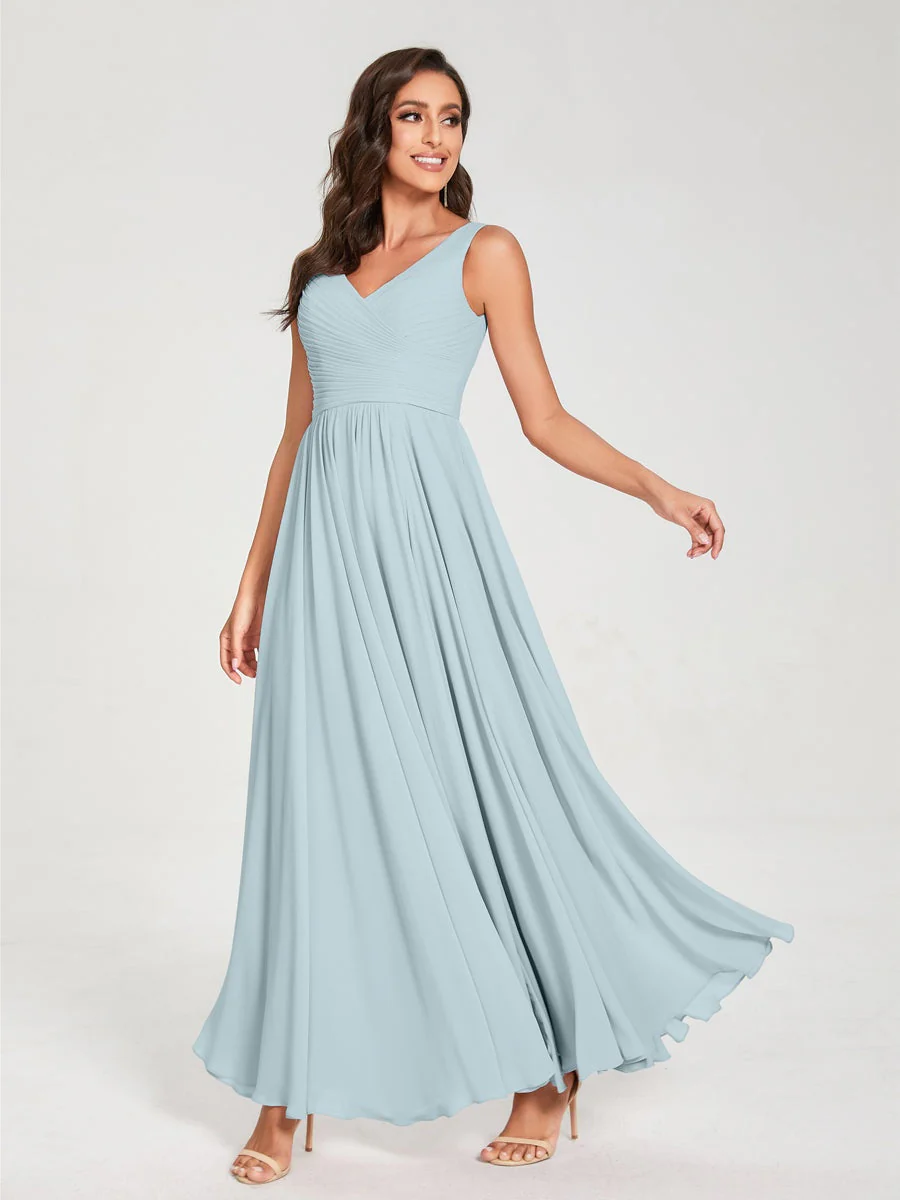 A-Line/Princess Chiffon V-Neck Sleeveless Floor-Length Bridemaid Dresses With Pleats - Image 48