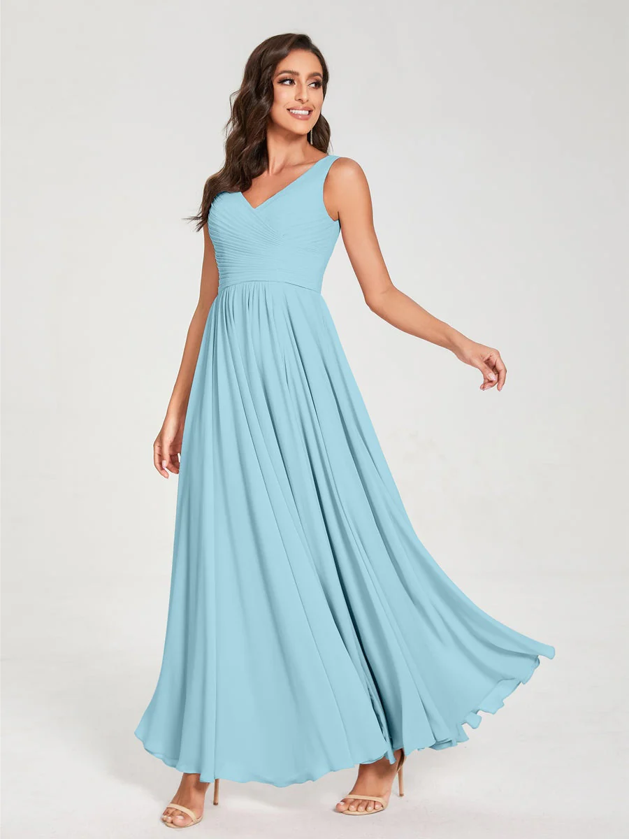 A-Line/Princess Chiffon V-Neck Sleeveless Floor-Length Bridemaid Dresses With Pleats - Image 50