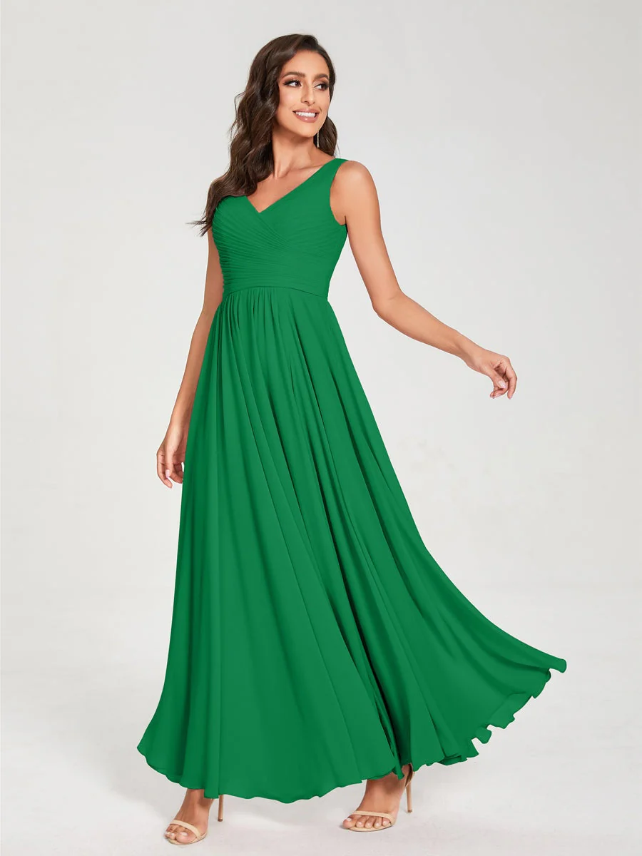 A-Line/Princess Chiffon V-Neck Sleeveless Floor-Length Bridemaid Dresses With Pleats - Image 65