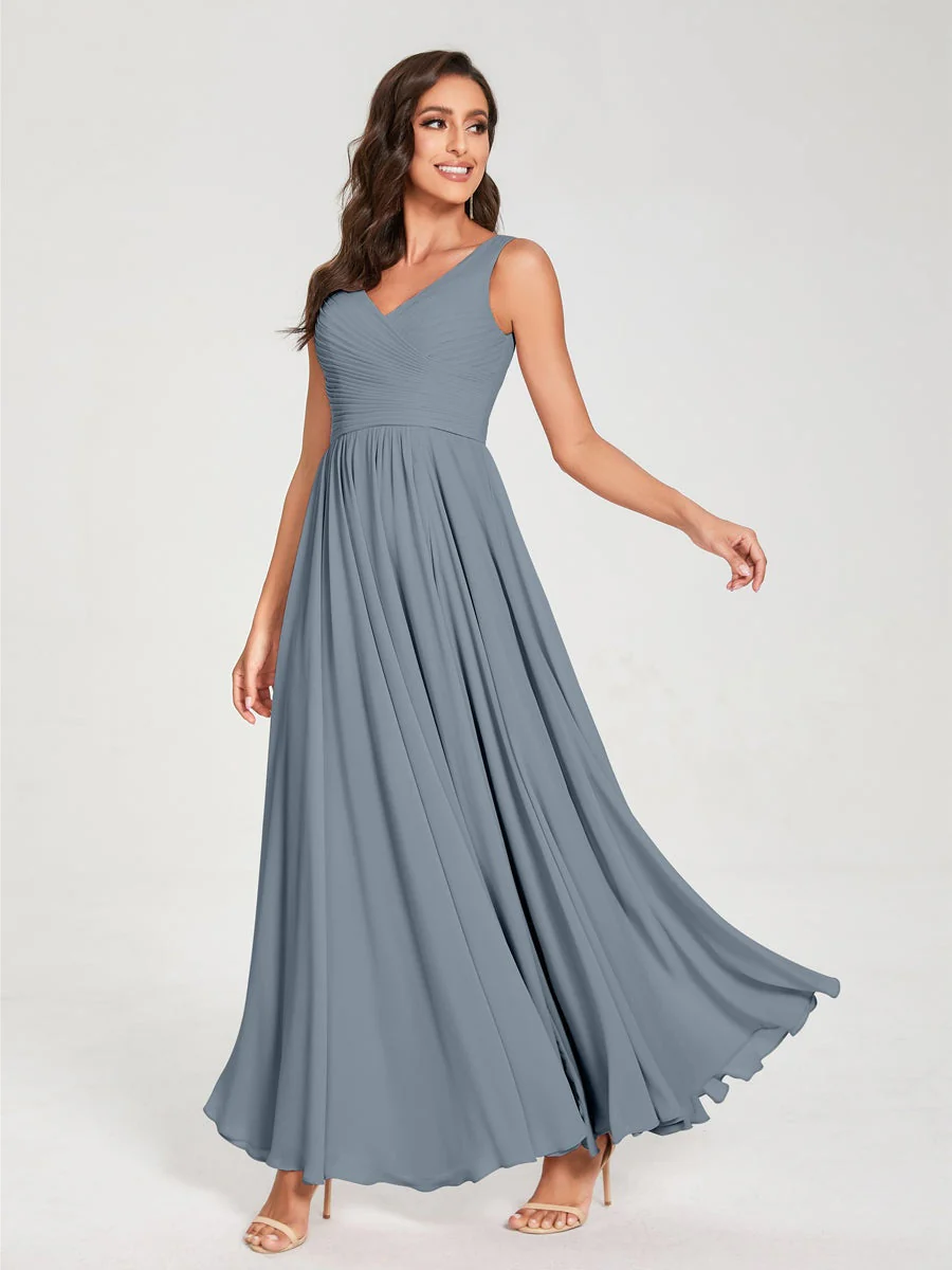 A-Line/Princess Chiffon V-Neck Sleeveless Floor-Length Bridemaid Dresses With Pleats - Image 9