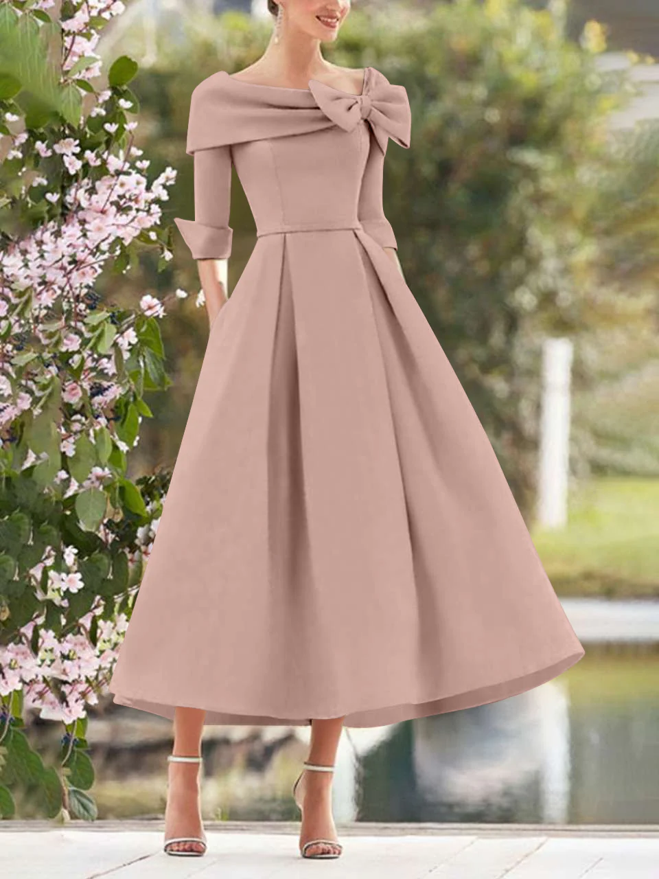A-Line/Princess Cowl Neck Bow(s) 3/4 Sleeves Tea Length Elegant Mother of the Bride & Groom Dresses - Image 10