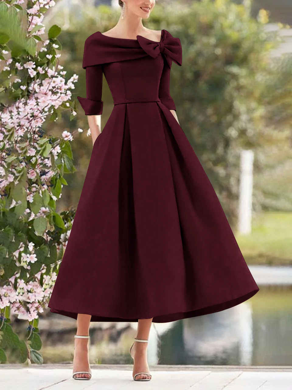 A-Line/Princess Cowl Neck Bow(s) 3/4 Sleeves Tea Length Elegant Mother of the Bride & Groom Dresses - Image 13