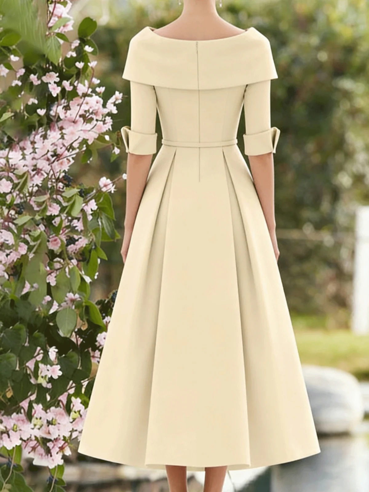 A-Line/Princess Cowl Neck Bow(s) 3/4 Sleeves Tea Length Elegant Mother of the Bride & Groom Dresses - Image 2