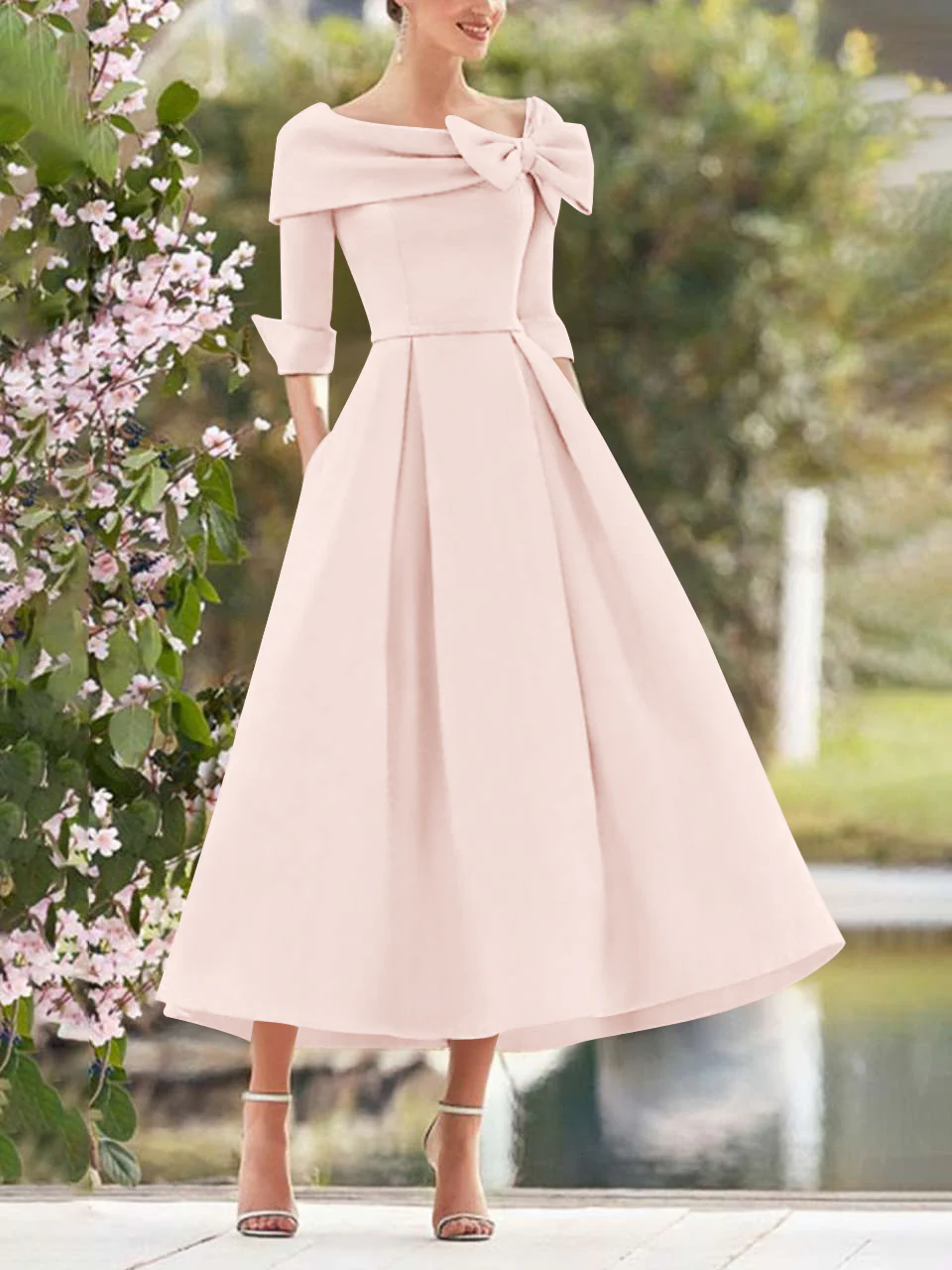 A-Line/Princess Cowl Neck Bow(s) 3/4 Sleeves Tea Length Elegant Mother of the Bride & Groom Dresses - Image 31