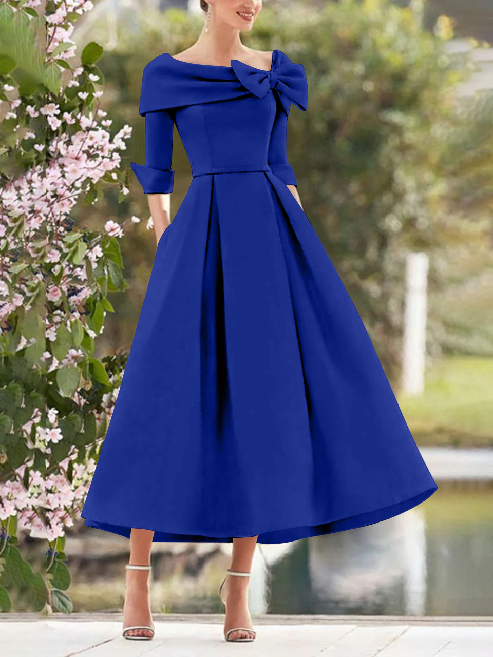 A-Line/Princess Cowl Neck Bow(s) 3/4 Sleeves Tea Length Elegant Mother of the Bride & Groom Dresses - Image 33