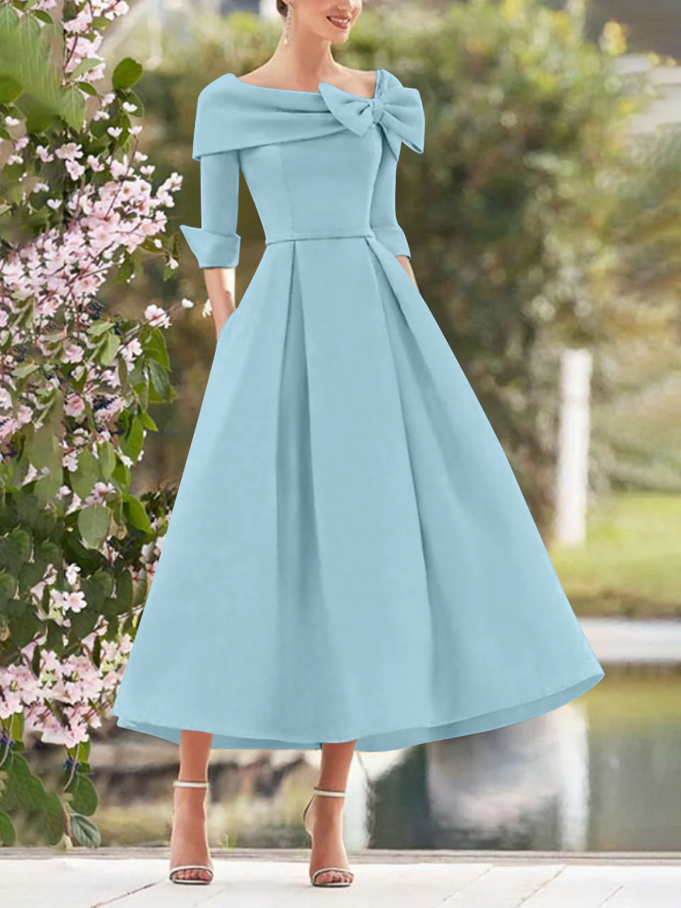 A-Line/Princess Cowl Neck Bow(s) 3/4 Sleeves Tea Length Elegant Mother of the Bride & Groom Dresses - Image 37