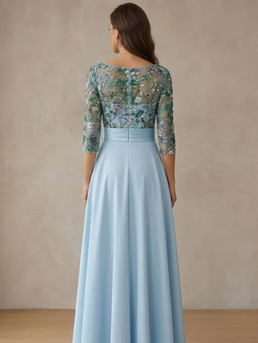 A-Line/Princess Cowl Neck Satin Mother of the Bride Dresses Lace Sequins Floral 3/4 Sleeves Tea-Length - Image 2