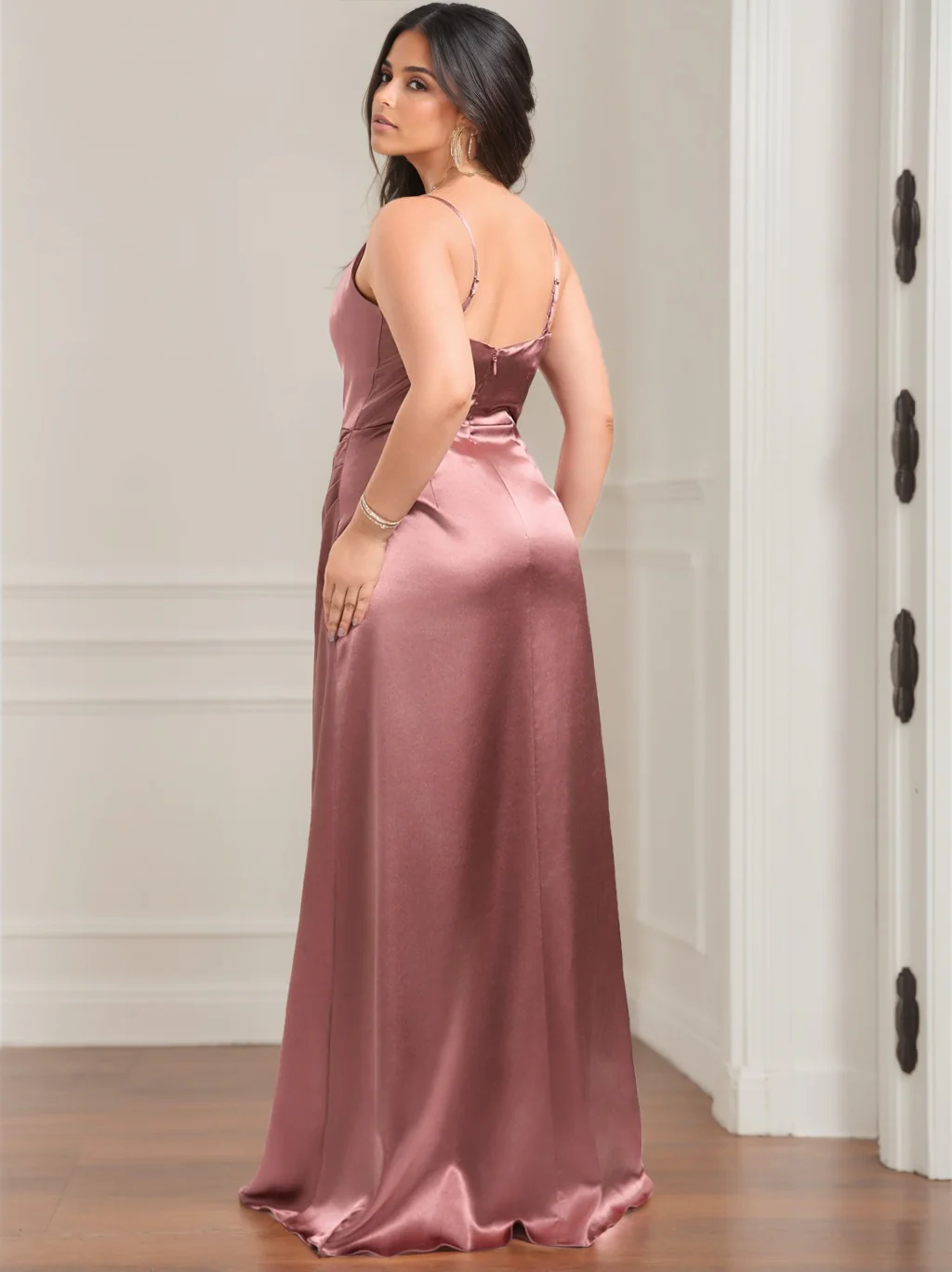 A Line/Princess Cowl Sleeveless Floor-Length Stretch Satin Plus Size Bridesmaid Dresses - Image 2