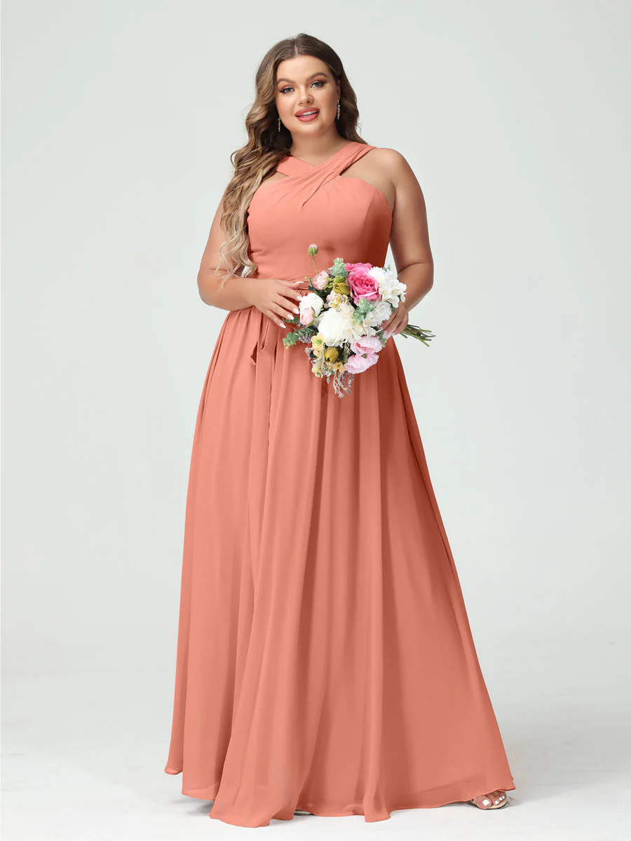 A-Line/Princess Criss Cross Sleeveless Chiffon Plus Size Bridesmaid Dresses with Sash - Image 16