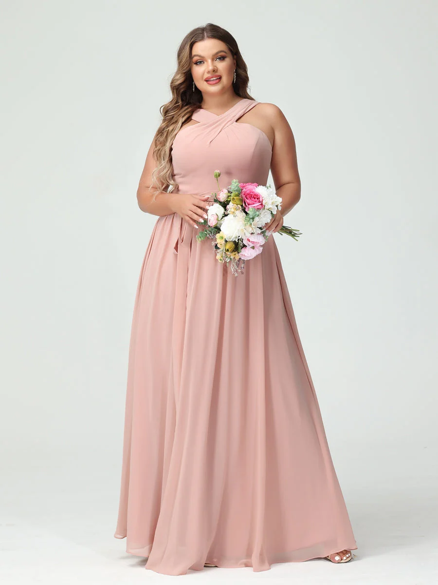 A-Line/Princess Criss Cross Sleeveless Chiffon Plus Size Bridesmaid Dresses with Sash - Image 2