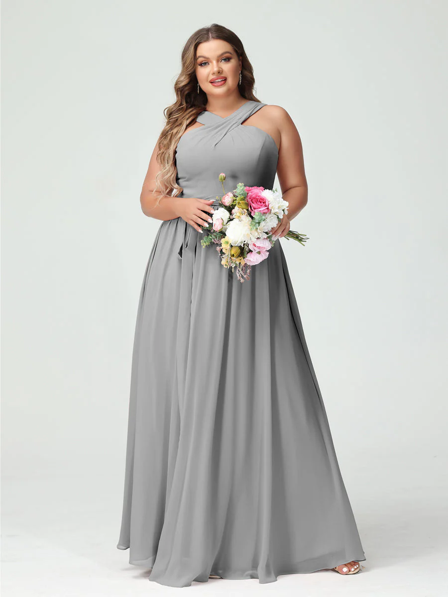 A-Line/Princess Criss Cross Sleeveless Chiffon Plus Size Bridesmaid Dresses with Sash - Image 23
