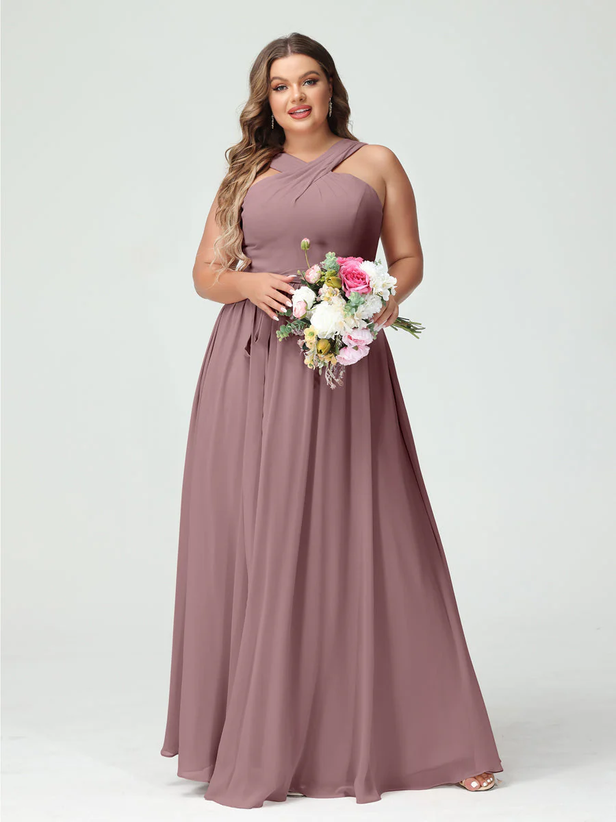 A-Line/Princess Criss Cross Sleeveless Chiffon Plus Size Bridesmaid Dresses with Sash - Image 32