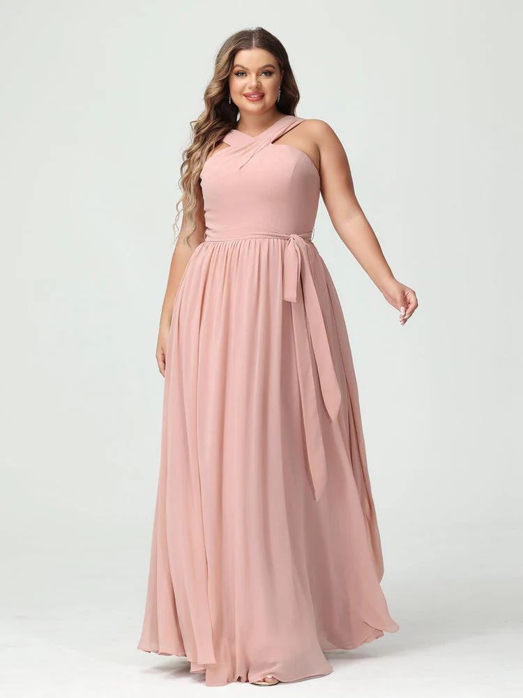 A-Line/Princess Criss Cross Sleeveless Chiffon Plus Size Bridesmaid Dresses with Sash - Image 5