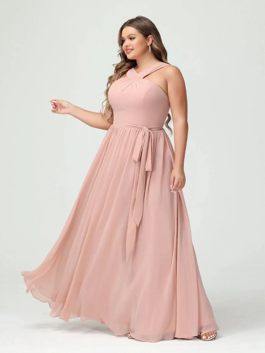 A-Line/Princess Criss Cross Sleeveless Chiffon Plus Size Bridesmaid Dresses with Sash - Image 7