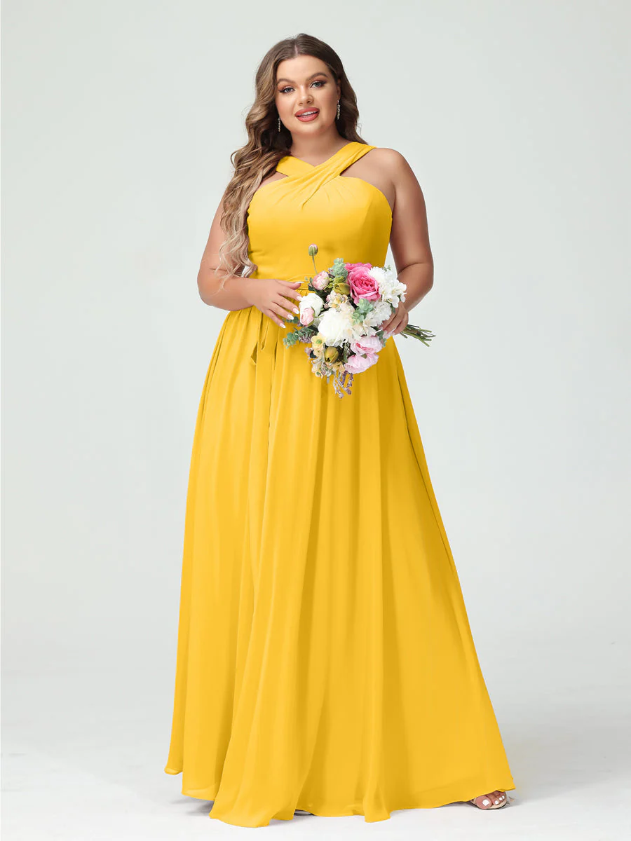 A-Line/Princess Criss Cross Sleeveless Chiffon Plus Size Bridesmaid Dresses with Sash - Image 72