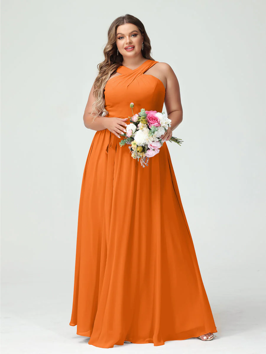 A-Line/Princess Criss Cross Sleeveless Chiffon Plus Size Bridesmaid Dresses with Sash - Image 73