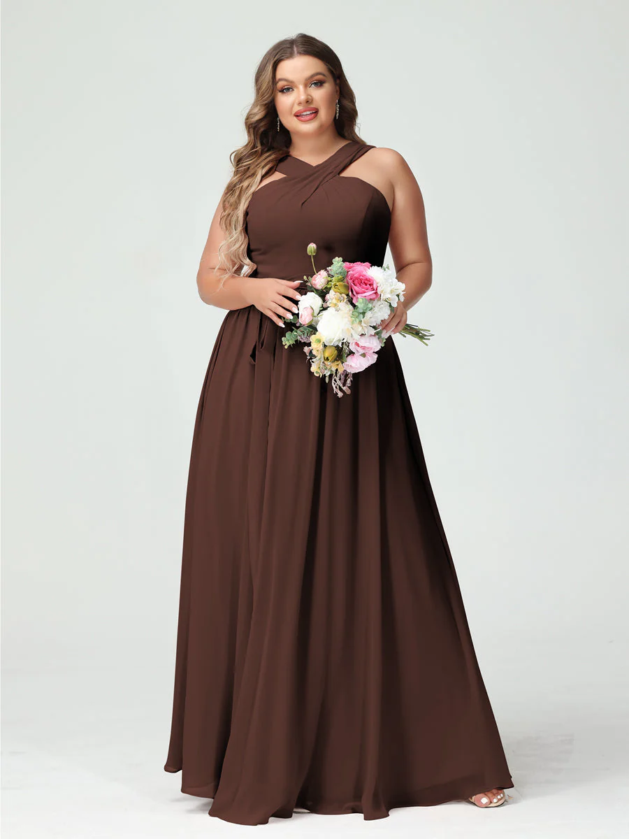 A-Line/Princess Criss Cross Sleeveless Chiffon Plus Size Bridesmaid Dresses with Sash - Image 77
