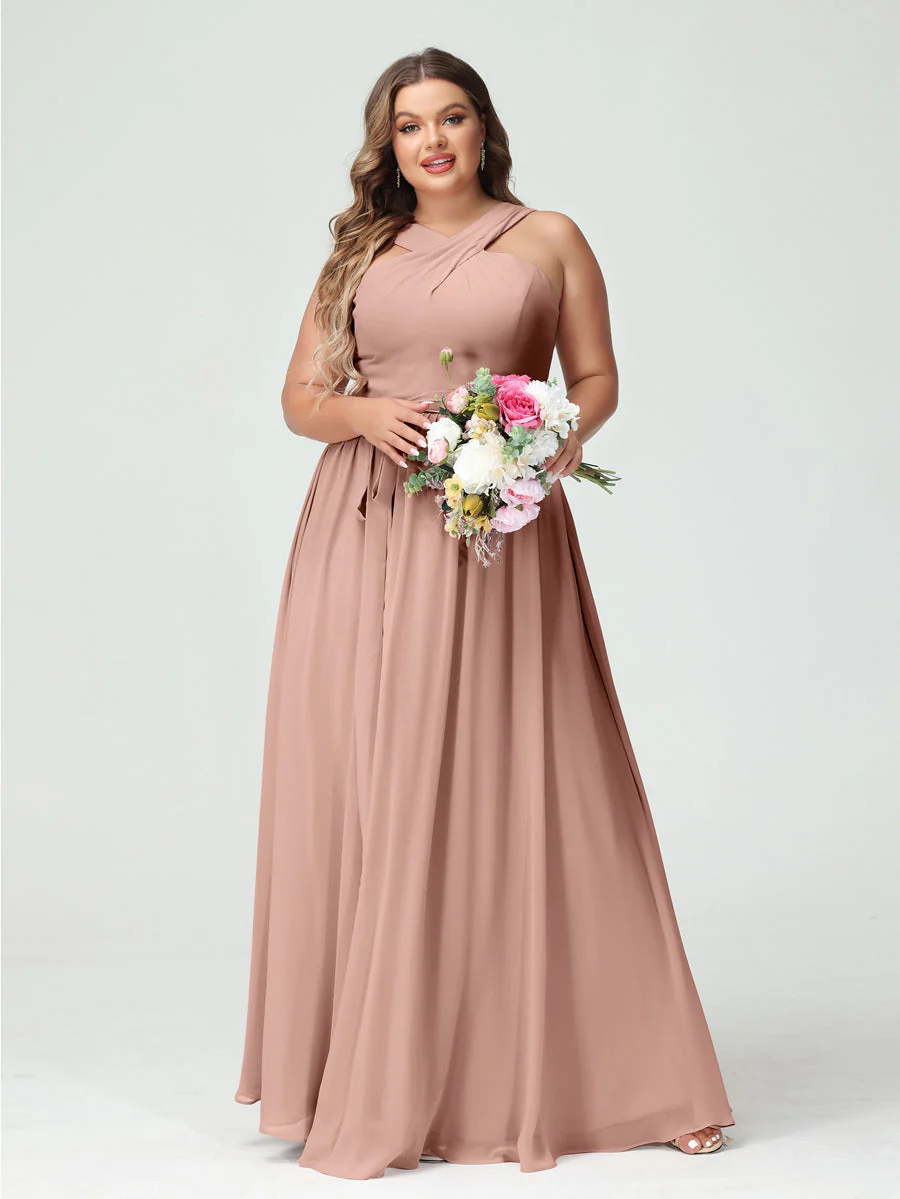 A-Line/Princess Criss Cross Sleeveless Chiffon Plus Size Bridesmaid Dresses with Sash - Image 8