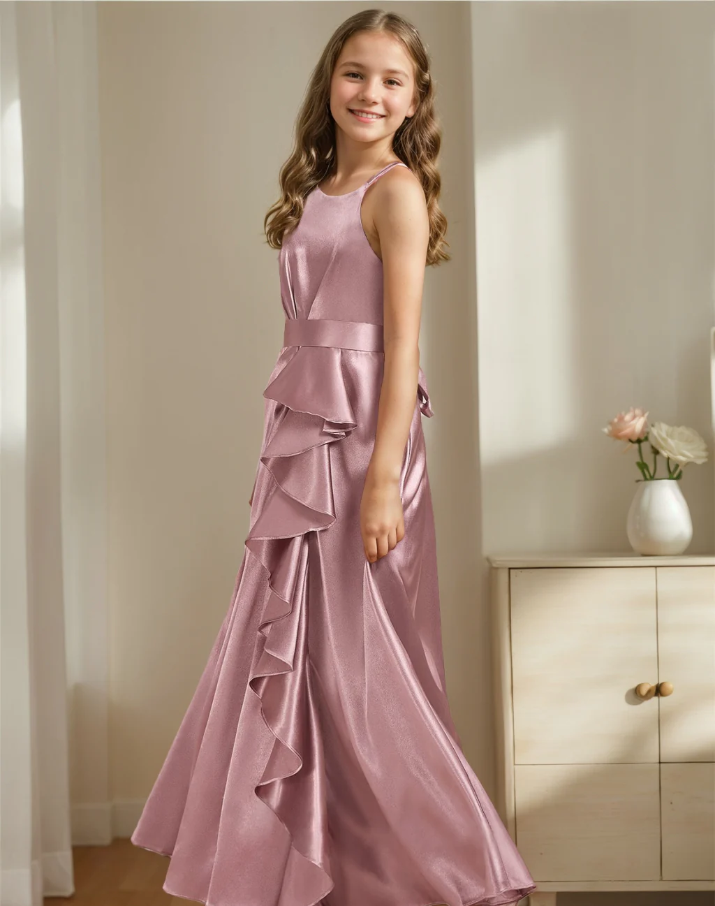 A-Line/Princess Criss Cross Sleeveless Junior Bridesmaid Dresses with Ruffles - Image 3