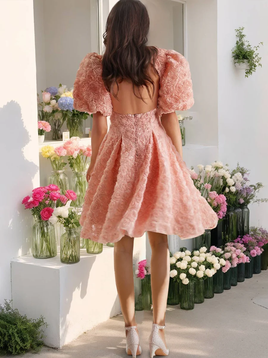 A-Line/Princess Deep V-Neck Floral Short/Mini Prom Dresses with Opened Back - Image 2