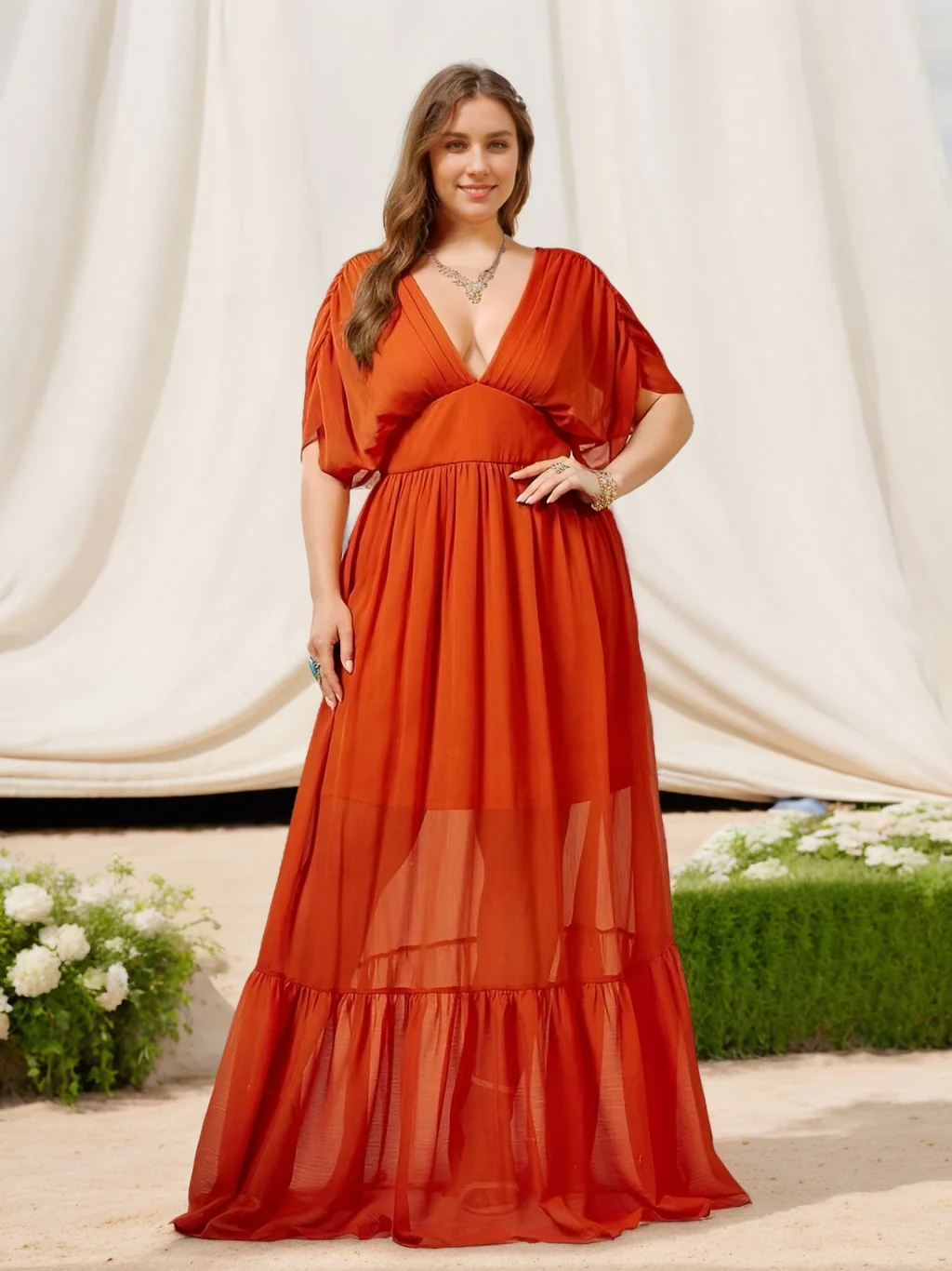 A-Line/Princess Deep V-Neck Half Sleeves Floor-Length Plus Size Bridesmaid Dresses with Ruffles