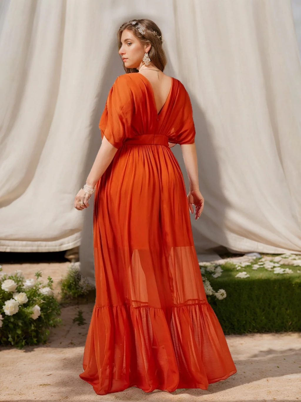 A-Line/Princess Deep V-Neck Half Sleeves Floor-Length Plus Size Bridesmaid Dresses with Ruffles - Image 2