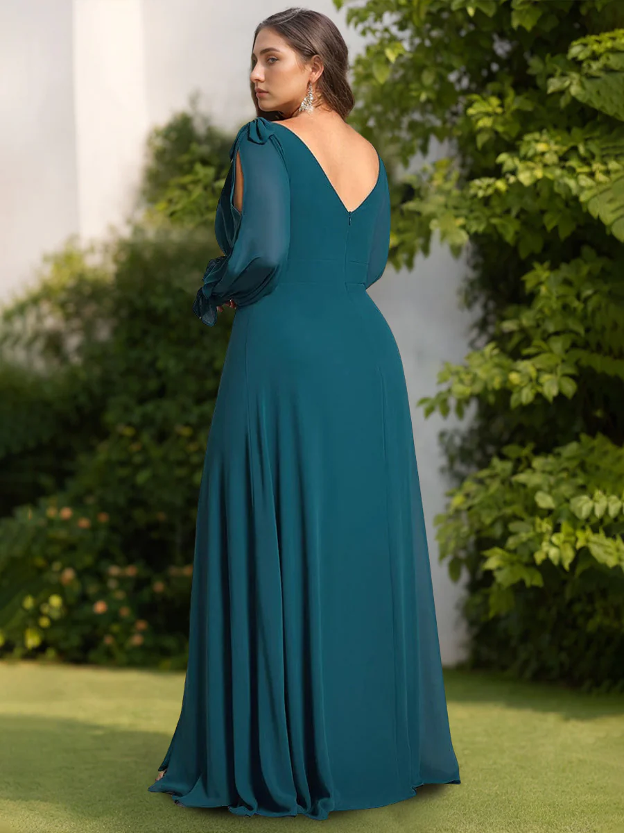 A-Line/Princess Deep V-Neck Long Sleeves Floor-Length Plus Size Bridesmaid Dresses with Split Side - Image 2