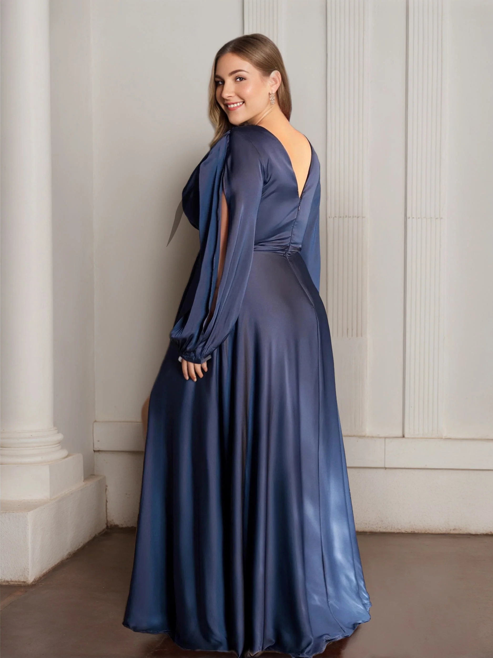 A-Line/Princess Deep V-Neck Long Sleeves Floor-Length Plus Size Prom Dresses With Ruffles and Split Side - Image 2