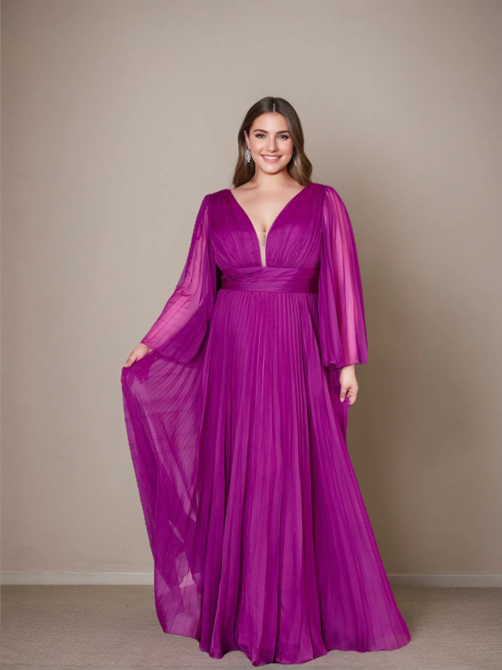 A-Line/Princess Deep V-Neck Long Sleeves Floor-Length Plus Size Prom Dresses With Ruffles - Image 6