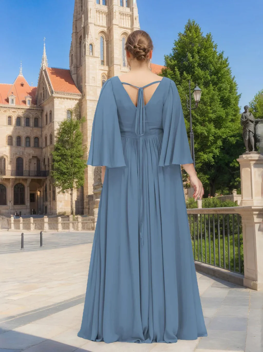 A-Line/Princess Deep V-Neck Long Sleeves Floor-Length Unique Plus Size Bridesmaid Dresses with Split Side & Ruffles - Image 2