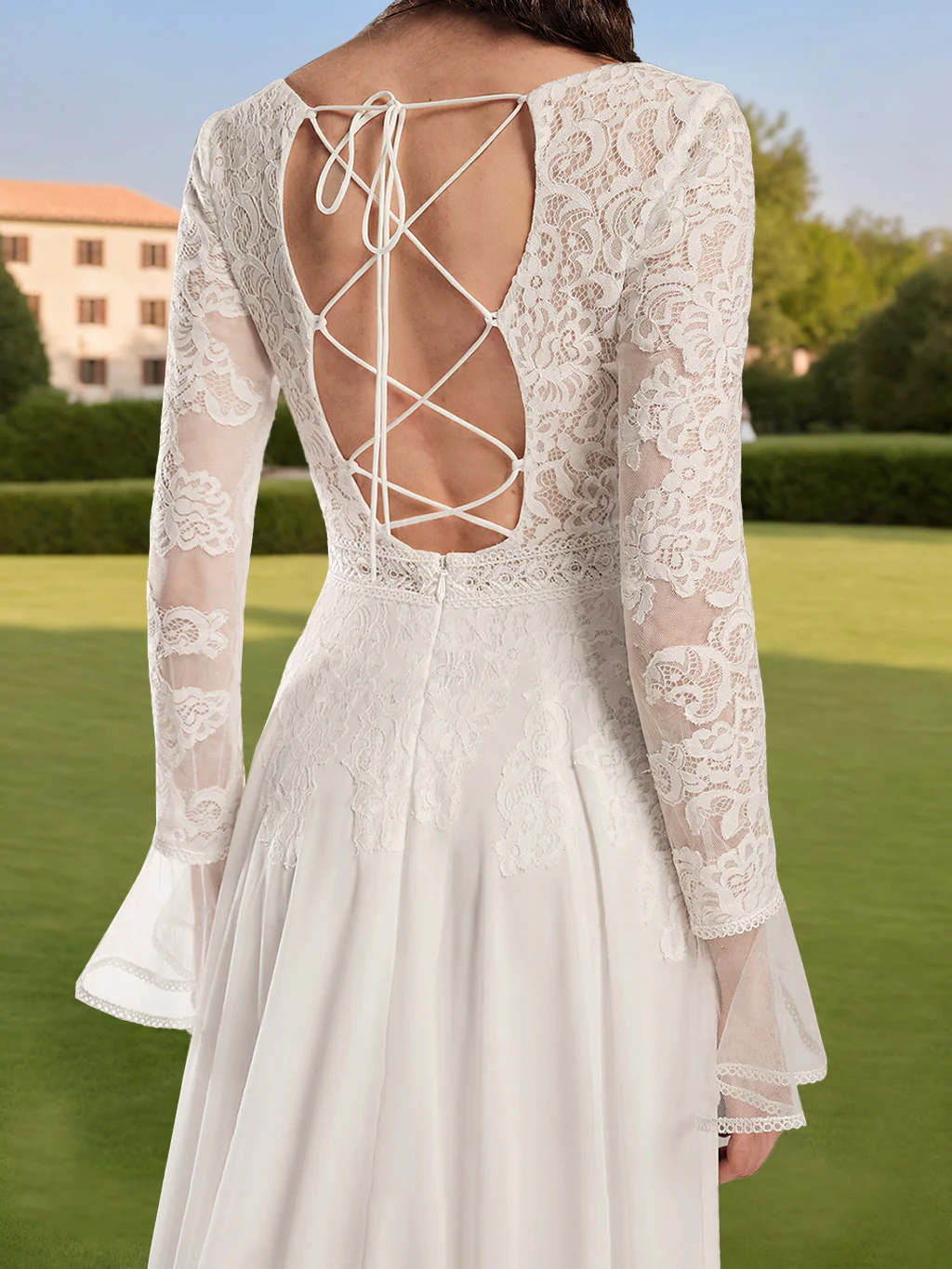 A-Line/Princess Deep V-Neck Long Sleeves Floor Length Wedding Dress with Lace Appliques - Image 2