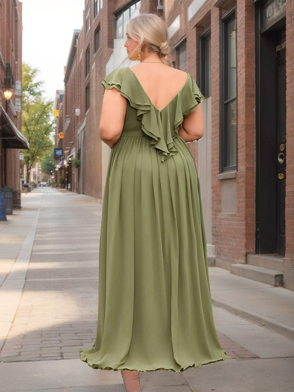 A-Line/Princess Deep V-Neck Short Sleeves Floor-Length Chiffon Plus Size Bridesmaid Dresses with Ruched - Image 2