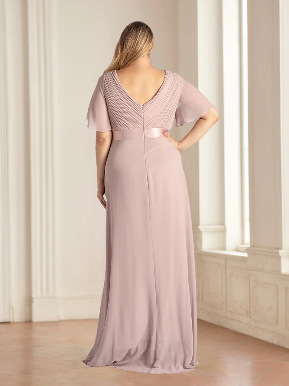 A-Line/Princess Deep V-Neck Short Sleeves Floor-Length Plus Size Bridesmaid Dresses with Ruffles - Image 2