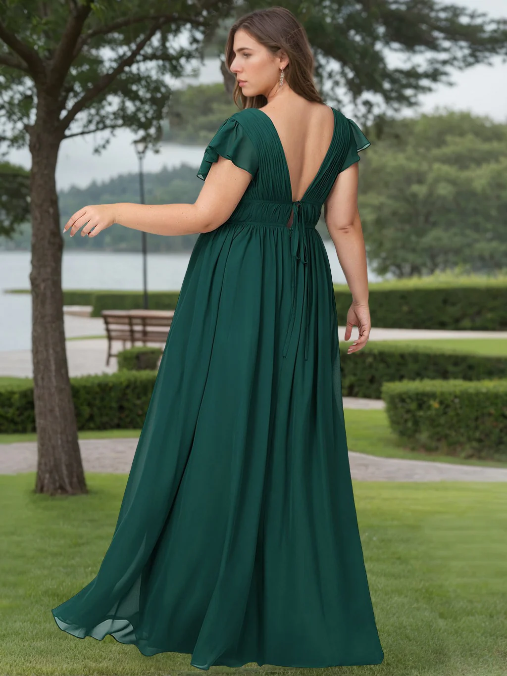 A-Line/Princess Deep V-Neck Short Sleeves Floor-Length Plus Size Bridesmaid Dresses with Split Side - Image 2
