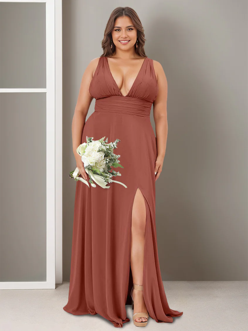 A-Line/Princess Deep V-Neck Sleeveless Floor-Length Bridesmaid Dresses with Split Side & Ruffles - Image 3