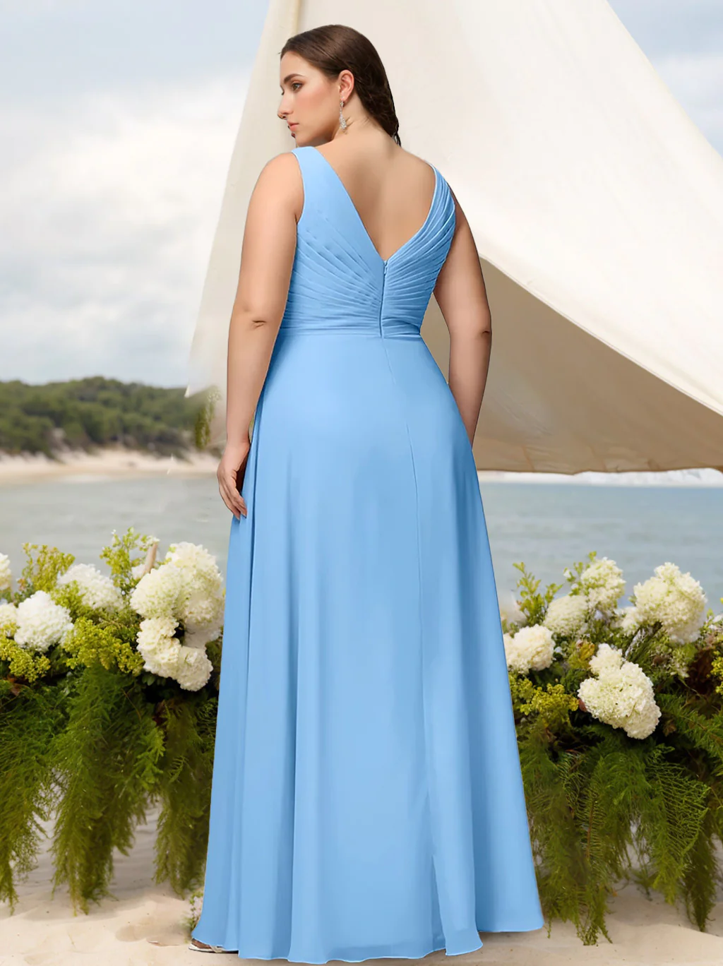 A-Line/Princess Deep V-Neck Sleeveless Floor-Length Chiffon Plus Size Bridesmaid Dresses with Ruffles - Image 2