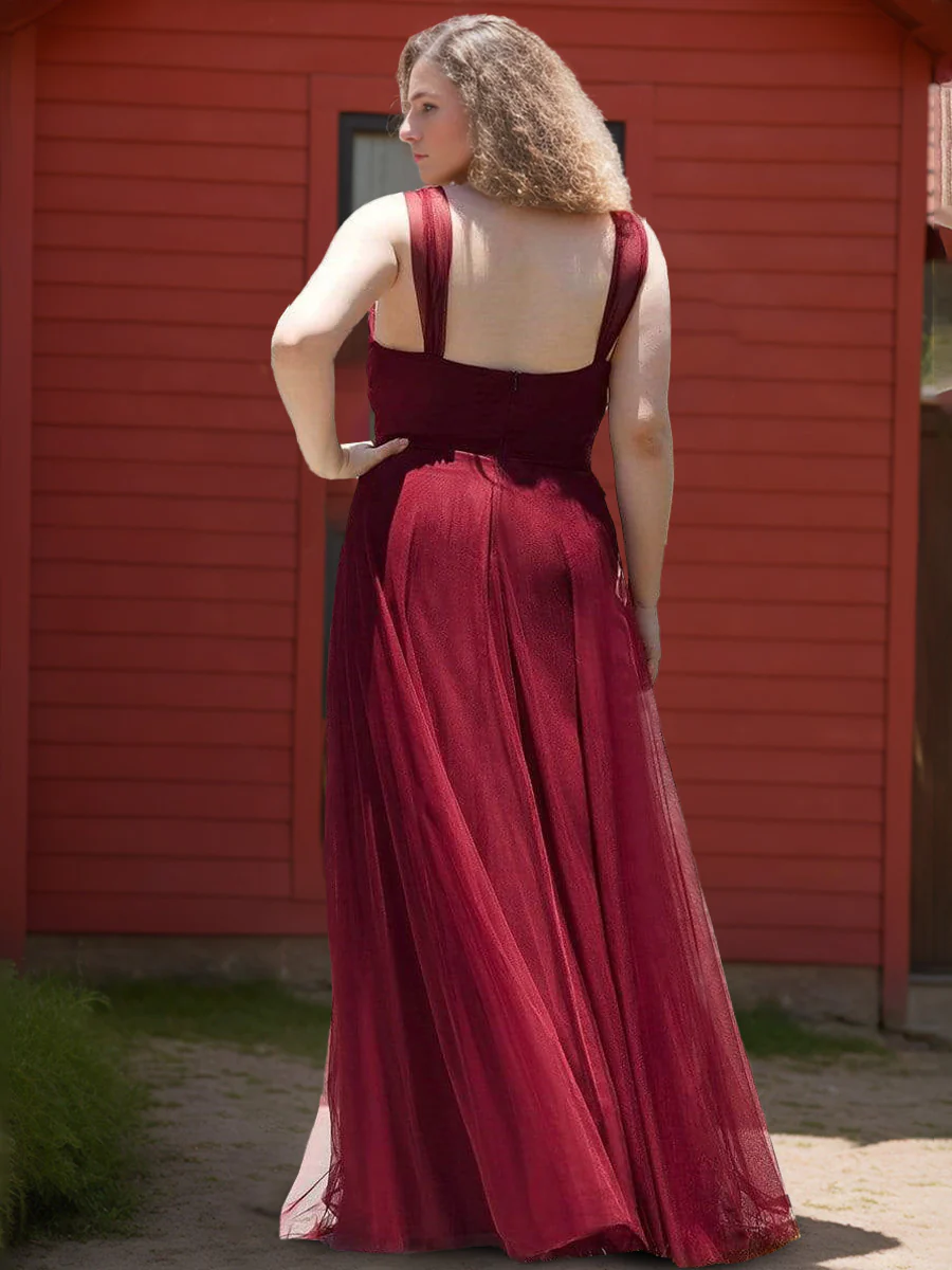 A-Line/Princess Deep V-Neck Sleeveless Floor-Length Plus Size Bridesmaid Dresses with Lace - Image 2