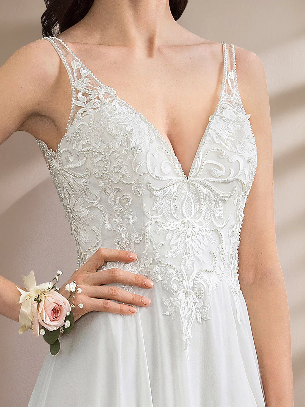 A-Line/Princess Deep V-Neck Sleeveless Floor-Length Unique Split Side Wedding Dress with Appliques & Lace - Image 3