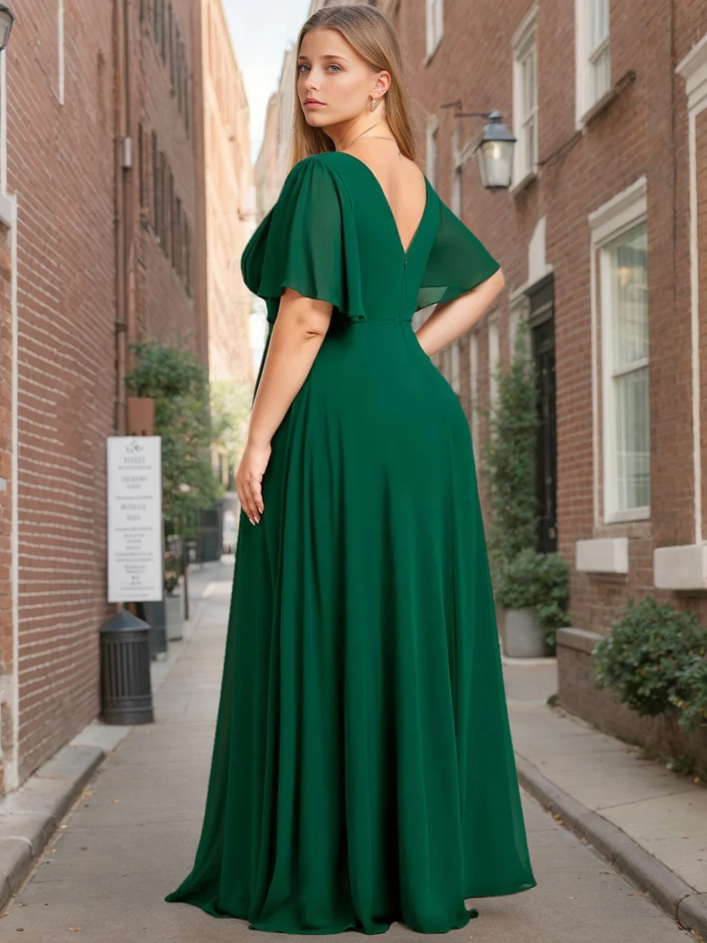 A-Line/Princess Double V-Neck Short Sleeves Floor-Length Plus Size Bridesmaid Dresses with Ruffles - Image 2