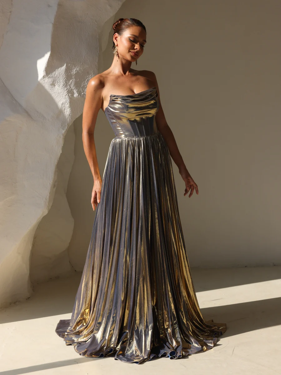 A-Line/Princess Evening Dress Strapless Formal Prom Long Pleated Dresses With Split Side - Image 3