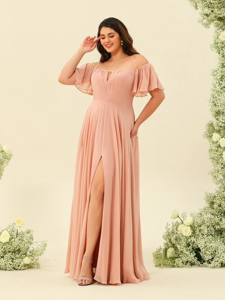 A-Line/Princess Floor-Length Off-the-Shoulder Plus Size Bridesmaid Dresses - Image 4