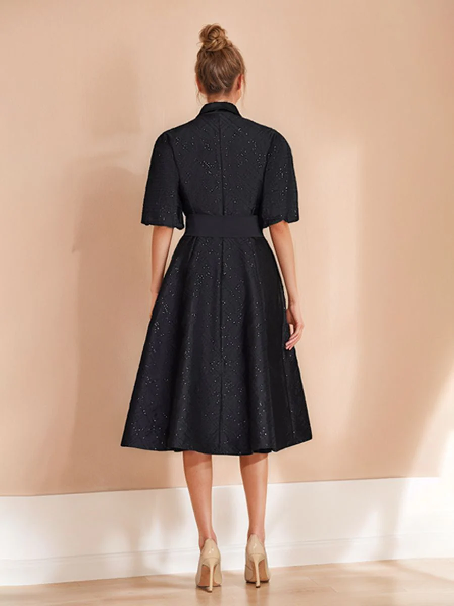 A-Line/Princess Shirt Collar Half Sleeves Knee-Length Chic Wedding Guest Dress with Bow Belt - Image 2